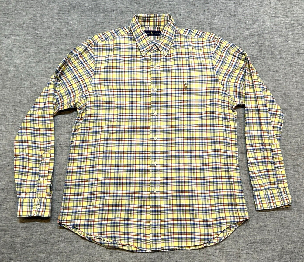 Ralph Lauren Classic Fit Shirt Mens Large Yellow Plaid Cotton Button Down Preppy